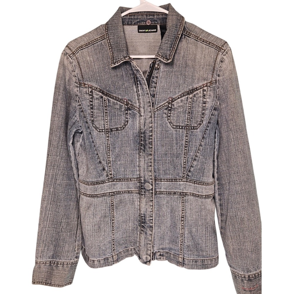 DKNY Jeans Vintage Womens Blue Denim Tailored Jacket Hidden Zipper Snap Western